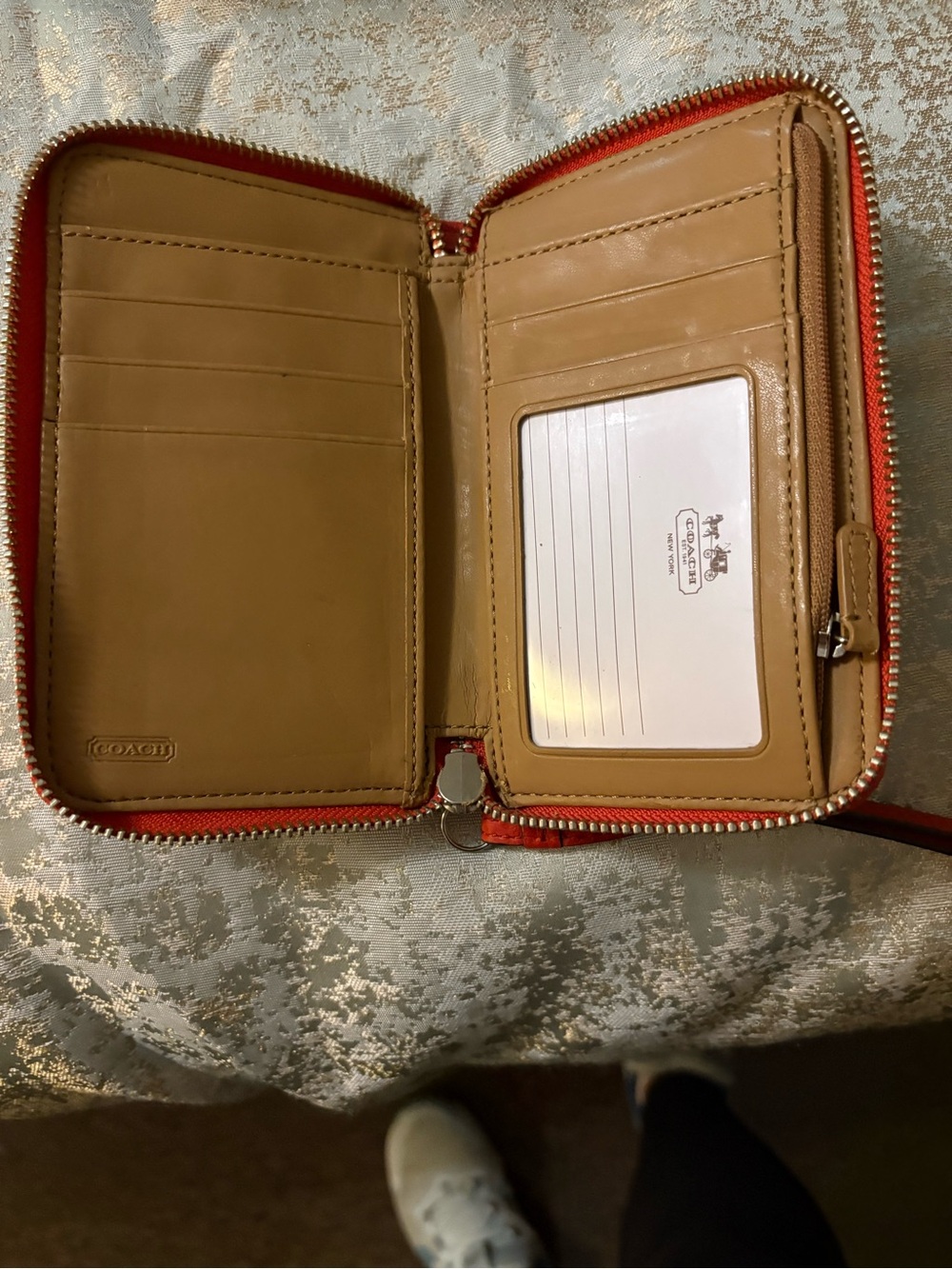 Coach Compact Zip Card Wallet in Tan with Red Trim